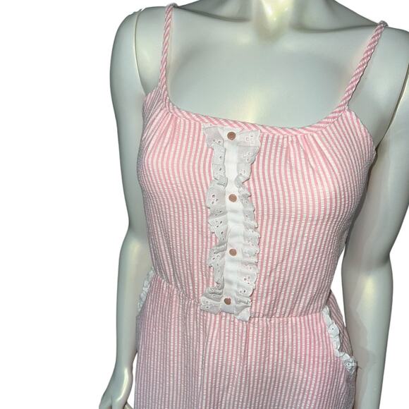 Vintage 90s Junior Wiz Pink & White Seersucker Sundress with Eyelet Trim Size 5 - Picture 9 of 13